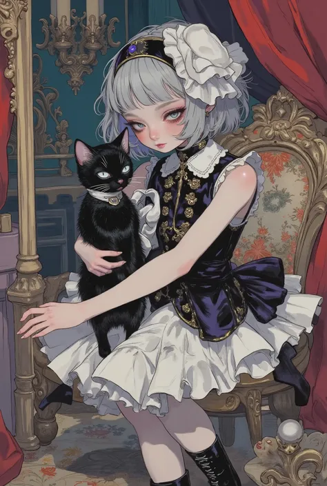 (masterpiece, perfect detail), ( 1girl , doll body, ball jointed doll, ball jointed, anatomy correct, Silver short bob, with bangs and eyes hidden , Purple Lips, Sleeveless gothic dress composed of black and white, Frills folded over and over, frill hea...