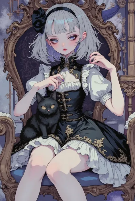 (masterpiece, perfect detail), ( 1girl , doll body, ball jointed doll, ball jointed, anatomy correct, Silver short bob, with bangs and eyes hidden , Purple Lips, Sleeveless gothic dress composed of black and white, Frills folded over and over, frill hea...