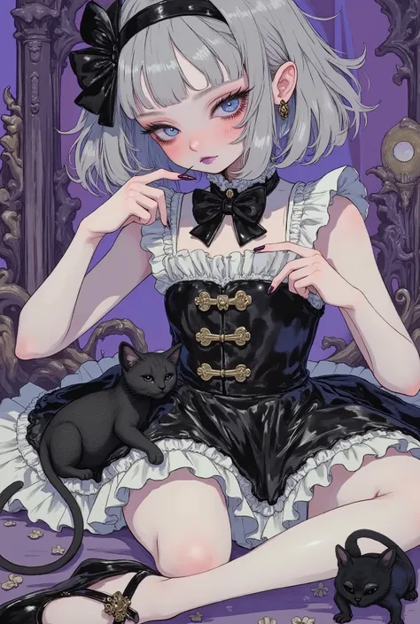 (masterpiece, perfect detail), ( 1girl , doll body, ball jointed doll, ball jointed, anatomy correct, Silver short bob, with bangs and eyes hidden , Purple Lips, Sleeveless gothic dress composed of black and white, Frills folded over and over, frill hea...