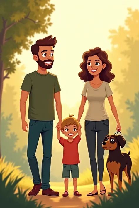 Stylized family Brown dad , brown eyes short beard . Brunette mom , wavy hair up to shoulder green eyes .  girl hair in a brown bob . light brown eyes . Two years old Girl wavy hair blonde eyes hazel eyes. One year Girl gray eyes . They hold hands walking ...