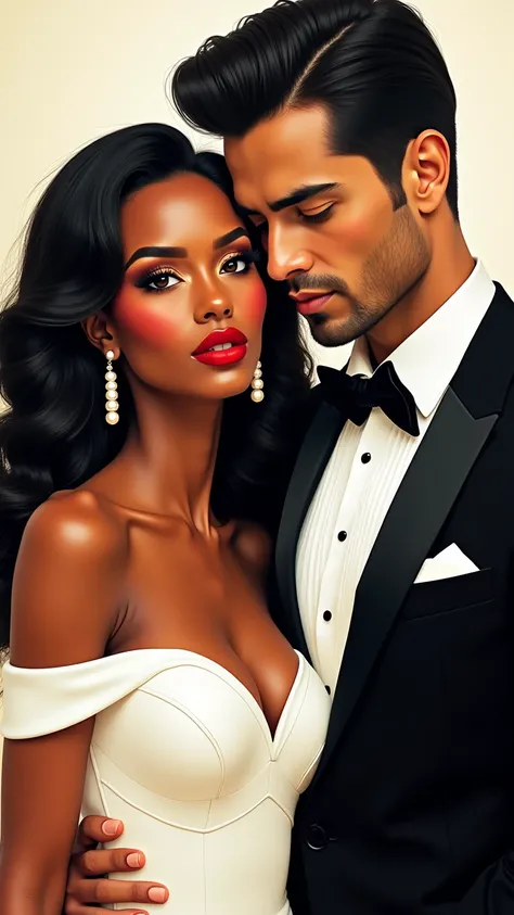 Telenovela Couple!👩🏾‍❤️‍💋‍👨🏾

Create an elegant and intimate highly stylized colourful stencil art impasto style illustration of a beautiful African American woman with radiant skin, bold red lips, and glamorous pearl earrings. Her wavy, dark hair cascades...