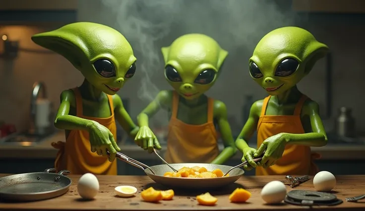 " Green aliens with flat heads and two absurd black eyes ,  wearing funny aprons OVER THEIR CLOTHES, They're in a smoky kitchen . One of them tries to fry CUT potatoes on the stove,  while another drops an egg on the floor . The scene is chaotic, with laug...