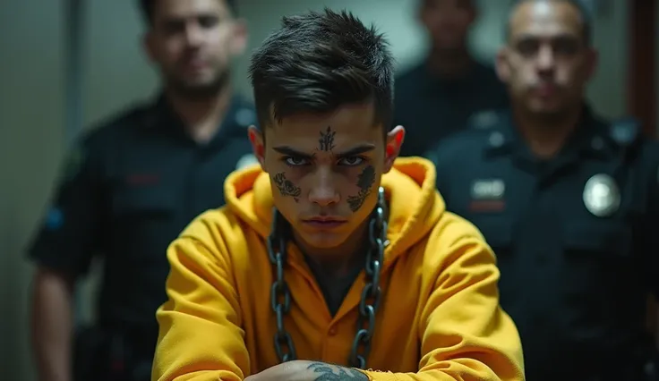 A most dangerous teenager in the world arrested in a yellow convict's clothing with a chain around his neck and an evil face with a tattoo on his face