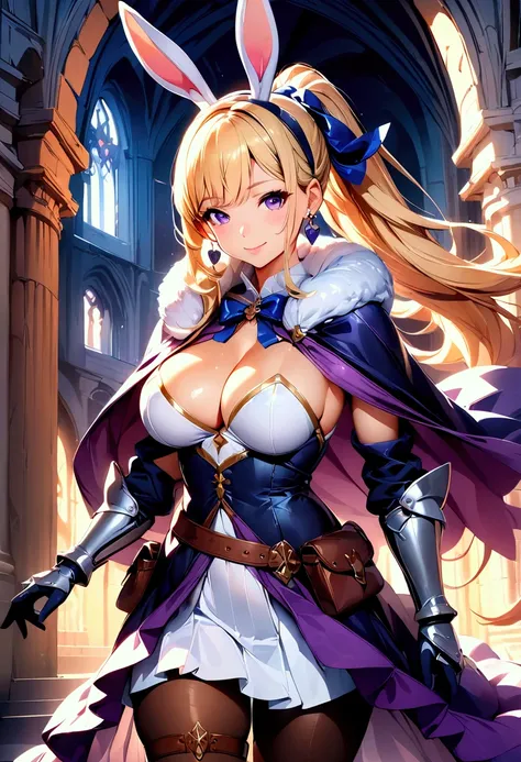 (masterpiece),(best quality),(ultra-detailed),(best illustration),(best shadow),(detailed background), 1girl, breasts, pantyhose, purple-eyes, cleavage, solo, belt, gauntlets, cape, jewelry, ponytail, large-breasts, blonde-hair, standing, long-hair, earrin...