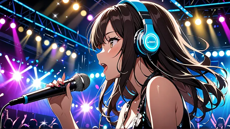 Beautiful dark-haired girl , Singing on a nightclub stage,Face with shining headphones , profile、 best image quality