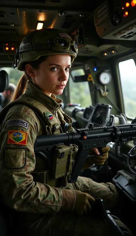 A beautiful Brazilian female special forces soldier with her hair neatly tied up, wearing the tactical camouflage outfit and helmet of the Brazilian Army's elite special forces. She is armed with a powerful machine gun, sitting alert in a combat tactical v...