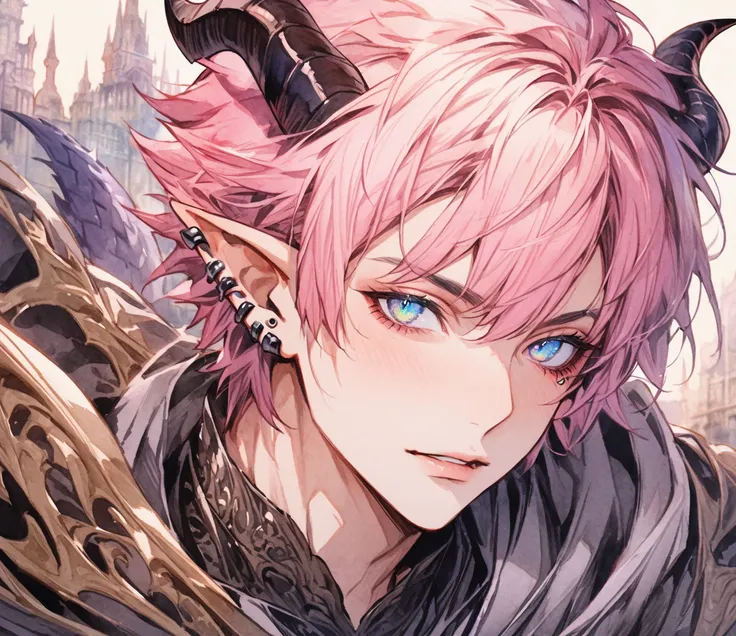 Solo, 1boy, boy, 25 year old, mature, pink hair, wolf cut hairstyles, watercolor eyes, cat eyes, piercings, large demon horns, dragon tail, elf ears, beautiful color, high detail, detailed background, dark library, fantasy, Close-up, facing viewer