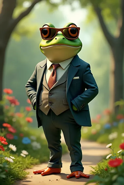 a frog in a suit, wearing sunglasses, standing in a park