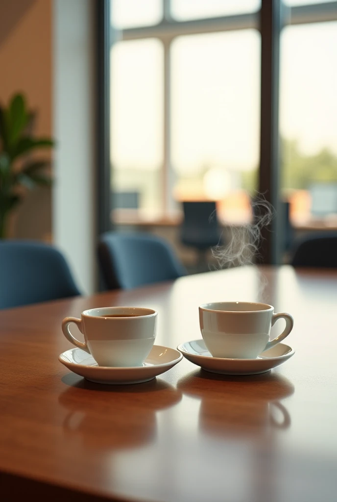 It generates an image with a vision of an afternoon in an office at a large table with two coffee cups and chairs, as if inviting, suggesting that they come and sit down, remember that they have to be white cups with the smoke of the coffee, that you can s...