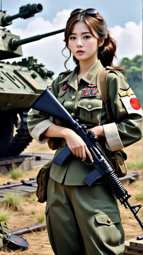  Masterpieces,  vivid oil painting, realistic, sharp 、 high resolution Full HD . 9D. 8k. Realistic Textures 、 Japanese-Korean stepdaughter battle is opening, Age 25,  is a beautiful young soldier.,  Brown-haired , Realistic costume , . Attached to a large ...