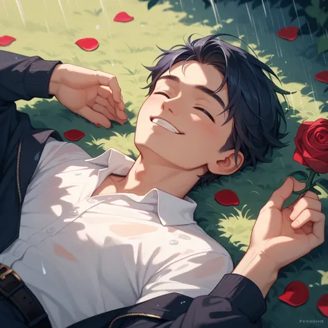 pretty boy, laying on his back on the ground, closed his eyes, smiling, peaceful, rain on rose petal, dark ambience