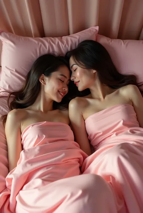 Photorealistic of an Indonesian woman couple is having cunnilingus.The pink sakura bed cover looks luxurious and elegant. Super ultra HD quality K  cannon distributor