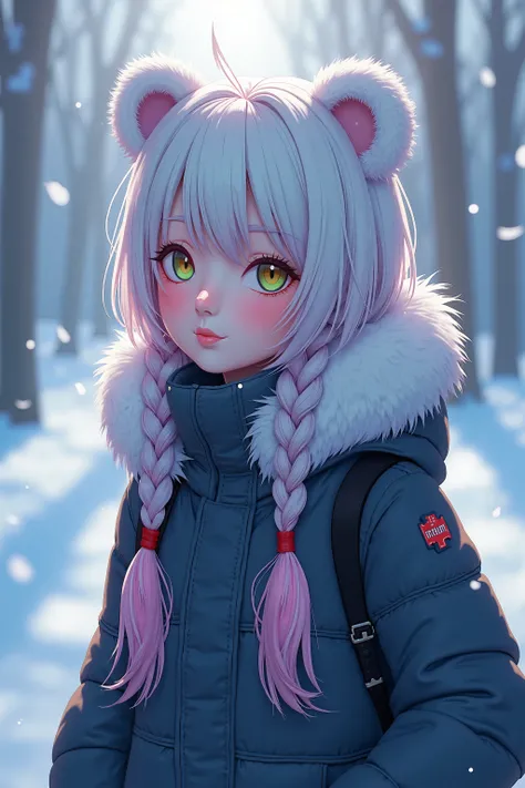 ((RAW Photo), absurd, (absurdresolution)), masterpiece, best quality, (Extremely detailed 8k unity CG wallpaper), (best illustration), (best shadow), anime, 1girl, mature, cyberpunk fashion, hair style Braid rainbow color, polar chase, bear ears , snow