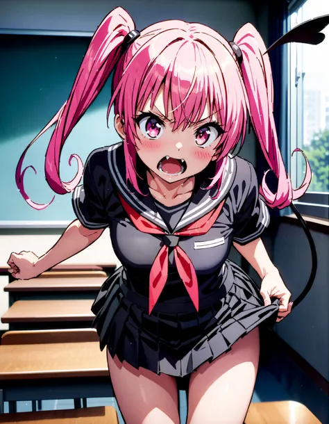 Nana Devil,  Nana Asta Deviluk,Solo fangs ,  long hair,  pink eye,  pink hair with a scar, demon tail ,  Twin Tails, small tits, Embarrassing,blush,Angry, open their mouths,Black sailor suit, black mini pleated skirt ,Black socks,Brown loafers, Tight skirt...