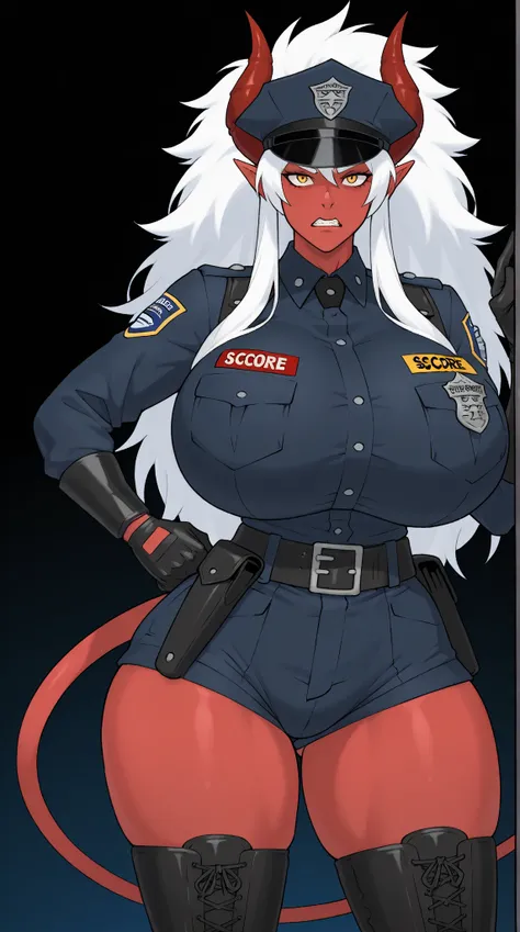 Oni woman, demon girl, bulk, strong, black swat officer outfit, strong woman, mini shorts blue, white hair, big hair, LONG WHITE HAIR, handsome, red horn, red skin, black glove, blue shorts, combat boots, masterpiece, high quality, (best quality:1.1), thic...