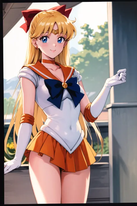 masterpiece, best quality, highres, sv1, sailor senshi uniform, orange skirt, elbow gloves, tiara, pleated skirt, orange sailor collar, red bow, orange choker, white gloves, jewelry, (1990s \(style\):0.9), cowboy shot, smile