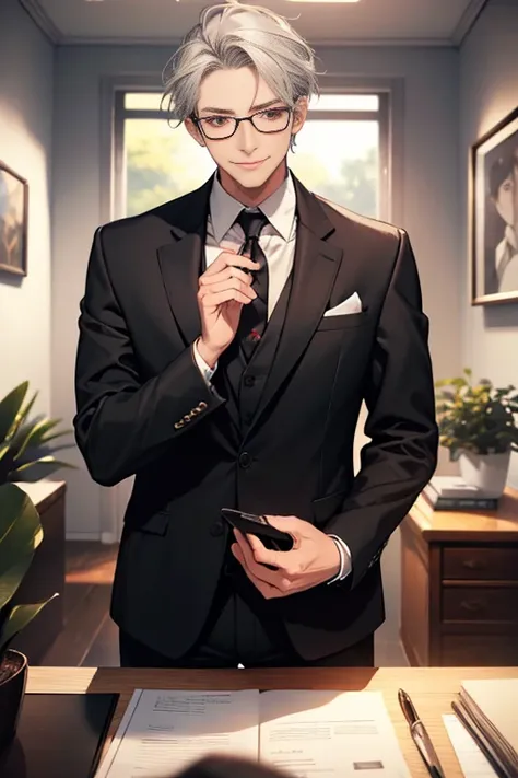  artwork,  best quality, detalhes finos,  red eyes, short black and gray hair,  smile,   facial expression, white shirt, chic, black suit. 34 years old.  Mature man. CEO, home office,  herself wearing glasses.