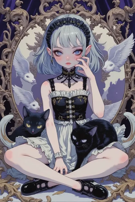 (masterpiece, perfect detail), ( 1girl , doll body, ball jointed doll, ball jointed, anatomy correct, Silver short bob, with bangs and eyes hidden , Purple Lips, Sleeveless gothic dress composed of black and white, Frills folded over and over, frill hea...