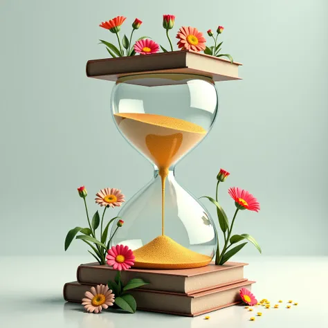 "An hourglass with sand falling on one side ,  while flowers and books ,  appear on the other side, symbolizing the passage of time as an opportunity to learn."