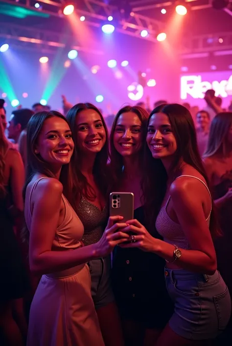 Generate an image of a club that fits a selfie of four friends together with many women 