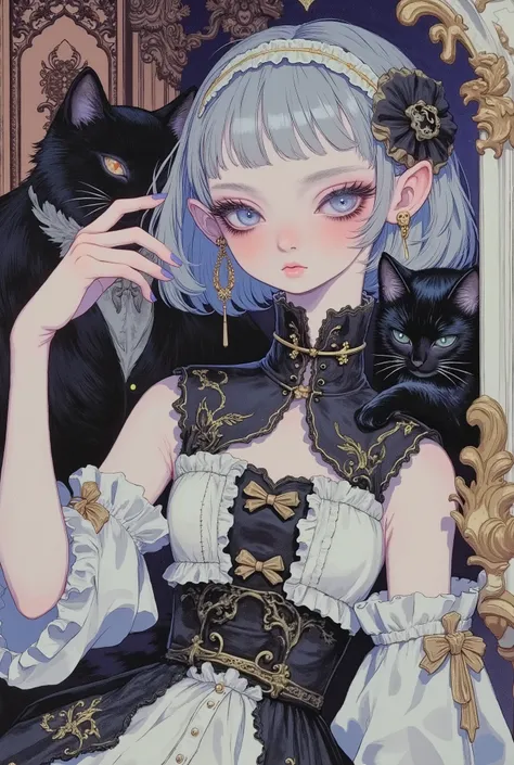 (masterpiece, perfect detail), ( 1girl , doll body, ball jointed doll, ball jointed, anatomy correct, Silver short bob, with bangs and eyes hidden , Purple Lips, Sleeveless gothic dress composed of black and white, Frills folded over and over, frill hea...