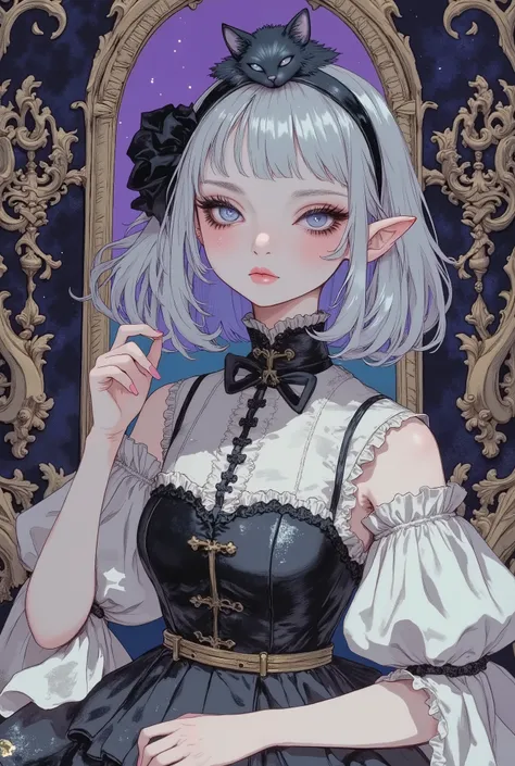 (masterpiece, perfect detail), ( 1girl , doll body, ball jointed doll, ball jointed, anatomy correct, Silver short bob, with bangs and eyes hidden , Purple Lips, Sleeveless gothic dress composed of black and white, Frills folded over and over, frill hea...