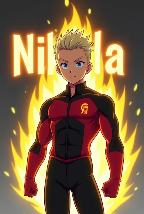 "An anime-style character inspired by the Dragon Ball universe. The character is a young, muscular man with short, buzz cut and a confident expression. He is wearing a custom-designed red and black uniform with a sleek, modern look, paired with solid black...