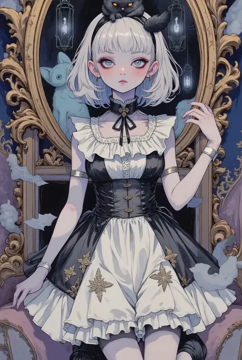 (masterpiece, perfect detail), ( 1girl , doll body, ball jointed doll, ball jointed, anatomy correct, Silver short bob, with bangs and eyes hidden , Purple Lips, Sleeveless gothic dress composed of black and white, Frills folded over and over, frill hea...