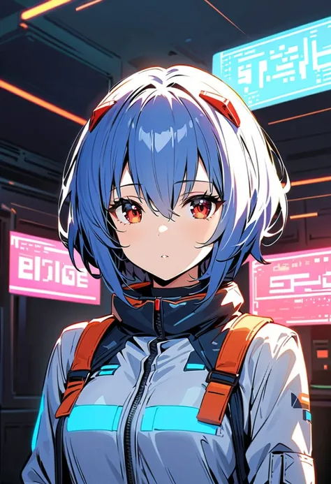 ( leather top:1.2), 1girl,One,Ayanami Ray ,white jumpsuit, red eyes ,flight suit , short hair,blue hair,bang, interface headset,turtleneck, hair between eyes,pixelated background, neon lights, sci-fi color scheme, bright colors , metal texture , detailed s...