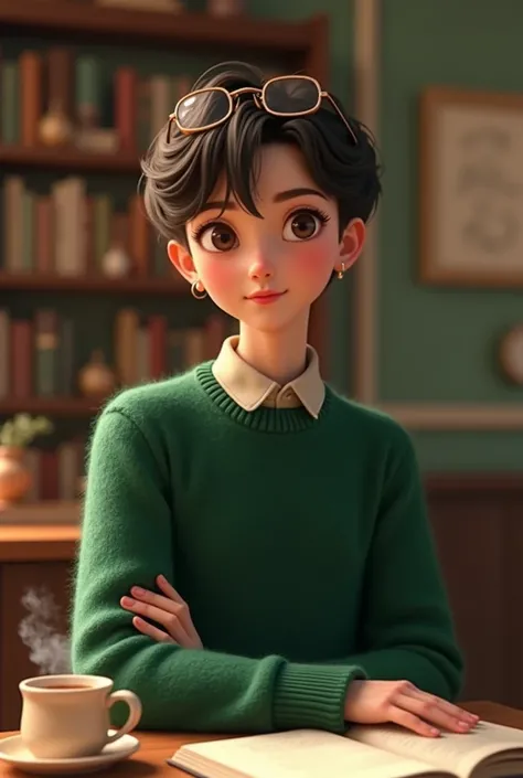 A student wearing a green sweater