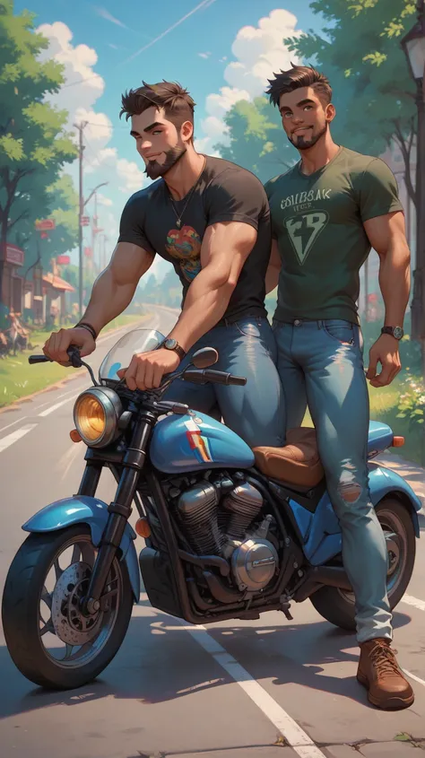 thin and tall brown man with a beard and thin legs , jeans and a black t-shirt ,with a seductive look next to a blue motorcycle.on a road next to a green and flowery field with a view of a rainbow