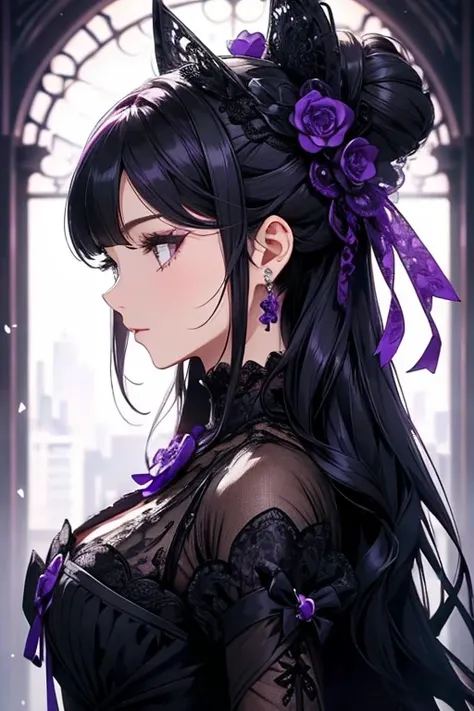    black and purple lace dress 、   cute、Villainess、    headbands   、    profile   、 profile   のアップ、   Beautiful hair ornaments   .((Strong Details   )).((Front  :1.25)).