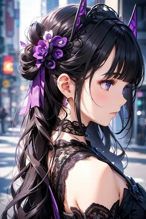    black and purple lace dress 、   cute、Villainess、    headbands   、    profile   、 profile   のアップ、   Beautiful hair ornaments   .((Strong Details   )).((Front  :1.25)).