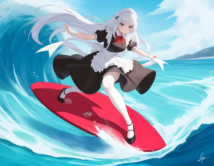 (((best quality, 8k, masterpiece: 1.3)), (( best quality)), ((masterpiece)), ( Details), perfect face, perfect body, A beautiful maid with long, flowing hair, wearing a stylish black and white maid outfit adapted for surfing. She is riding a massive wave o...