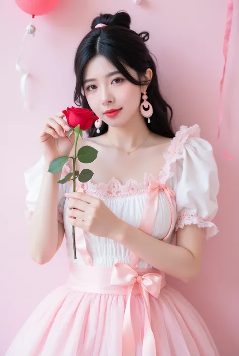 Korean girl, 20 years old, dressed cutely, black hair tied cutely. Dress up in a Valentine's Day theme and pose holding a rose.
