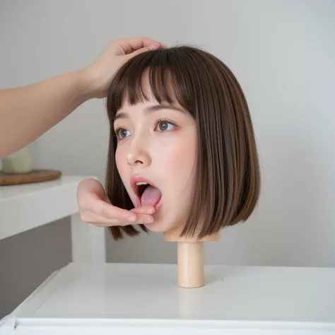 A beautiful, dead american girl's disembodied head is standing on a white tabla, in side view. She has beautiful straight, thick, smooth, silky, shiny, ligt brunette, blunt bobbed hair with thick bangs. A hand is brushes her hair back from her forehead. Fe...