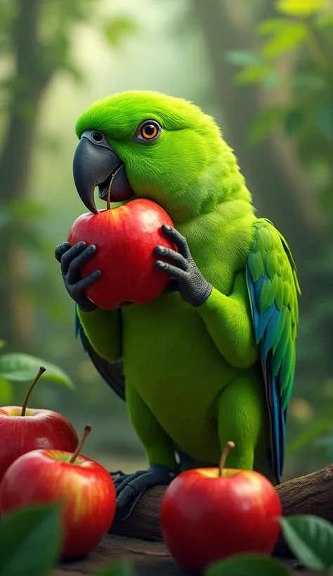 An Argentinian green parrot with,  with a black beak , Eating an apple 