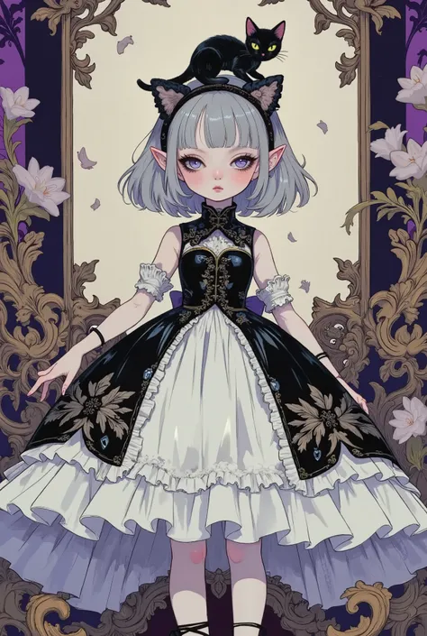 (masterpiece, perfect detail), ( 1girl , doll body, ball jointed doll, ball jointed, anatomy correct, Silver short bob, with bangs and eyes hidden , Purple Lips, Sleeveless gothic dress composed of black and white, Frills folded over and over, frill hea...