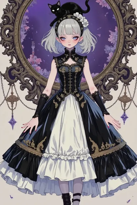 (masterpiece, perfect detail), ( 1girl , doll body, ball jointed doll, ball jointed, anatomy correct, Silver short bob, with bangs and eyes hidden , Purple Lips, Sleeveless gothic dress composed of black and white, Frills folded over and over, frill hea...