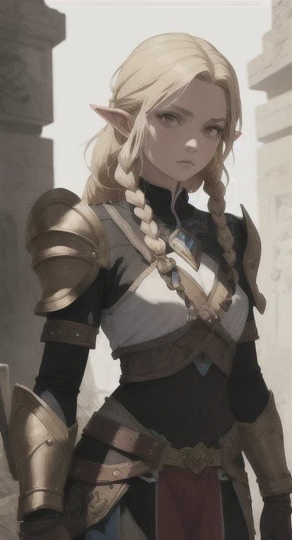 Ancient Hylian, Devine princess, Emilie de Rochefort, blonde, red eyes, bandit braids, looking at viewer, long messy hair, ancient Hyrule, lore accurate ancient armor,