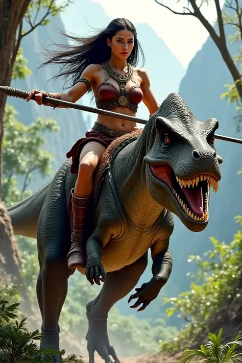 Amazon riding a dinosaur.