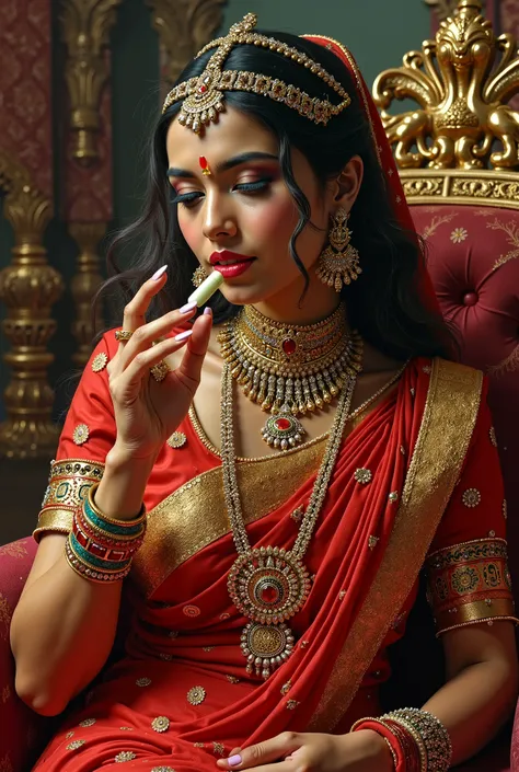 A beautiful indian queen eating a pill. 