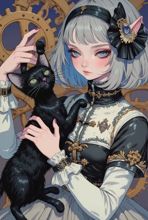 (masterpiece, perfect detail), ( 1girl , doll body, ball jointed doll, ball jointed, anatomy correct, Silver short bob, with bangs and eyes hidden , Purple Lips, Sleeveless gothic dress composed of black and white, Frills folded over and over, frill hea...