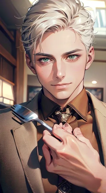 ( High quality cutlery,4K,8k, High resolution, masterpiece:1.2),super detailed,(realistic,photorealistic,photo-realistic:1.37),1 personld ,Mature men,beautiful skin、Very beautiful,  Passionate expressionless smile, short white hair, green eyes, sharp eyes ...