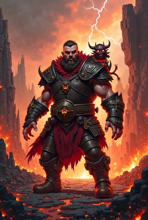 A fantasy art depiction of a dwarf warlock in a chaotic, fiery battle. He has a broad, stocky build, with crimson irises and runic tattoos along the side of his neck. His hair and beard are brown with streaks of red, and his fingers are slightly clawed. He...