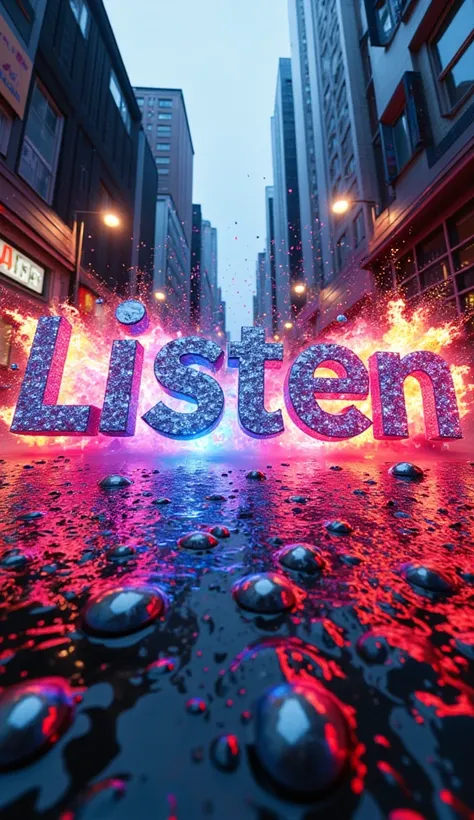 gr!llz, 3D Movie intro Title in Bold text says "NA LISTEN" enveloped in intense thick colored energy.The the letter type has luminous peacock color skin,Letters are encrusted with shiny platinum diamonds. The Letterface is obscured by the overwhelming thic...