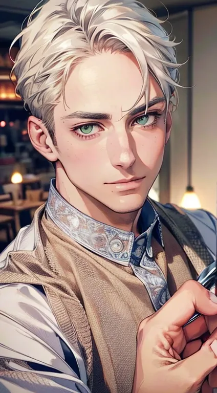 ( High quality cutlery,4K,8k, High resolution, masterpiece:1.2),super detailed,(realistic,photorealistic,photo-realistic:1.37),1 personld ,Mature men,beautiful skin、Very beautiful,  Passionate expressionless smile, short white hair, green eyes, sharp eyes ...