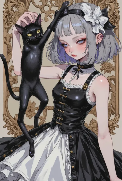 (masterpiece, perfect detail), ( 1girl , doll body, ball jointed doll, ball jointed, anatomy correct, Silver short bob, with bangs and eyes hidden , Purple Lips, Sleeveless gothic dress composed of black and white, Frills folded over and over, frill hea...
