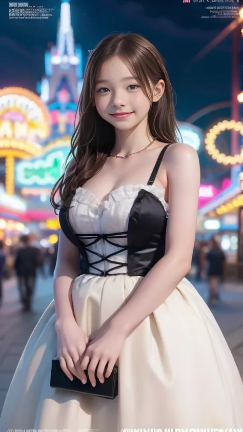 Emma Myers, whole body,  top quality, 1 girl, Alone,  light brown hair, (Amusement park at night,  magazine cover ),  and watch the viewers, Intense Perspectives , Playing with the camera, smile,  standing、walk、Cinderella Castle in the background 、Braided ...