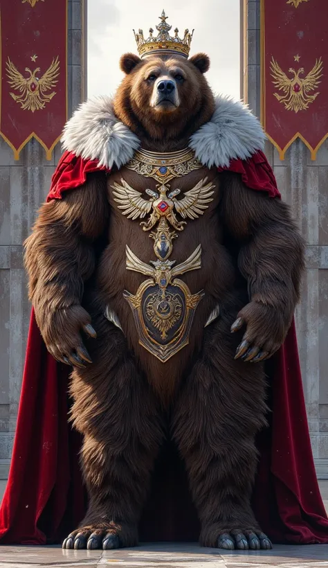 "A colossal brown bear with a powerful, muscular build, its fur thick and lustrous under the pale sunrise, stands mightily in front of a marble throne adorned with carvings of double-headed eagles. Its broad shoulders and muscular frame exude raw power, an...